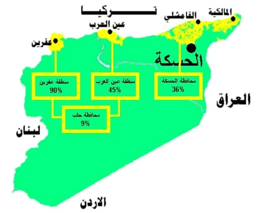 إذا تغاضينا عن تاريخ قدوم السكان الأكراد إلى المناطق الصفراء الثلاث في الخريطة المرفقة التي تبين نسب...