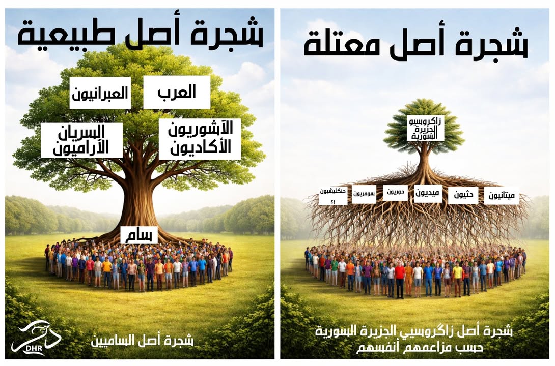 إلى يسار الشكل المرفق شجرة أصل طبيعية, وإلى يمين الشكل المرفق شجرة أصل الضيوف الزاگروسيين في الجزيرة...