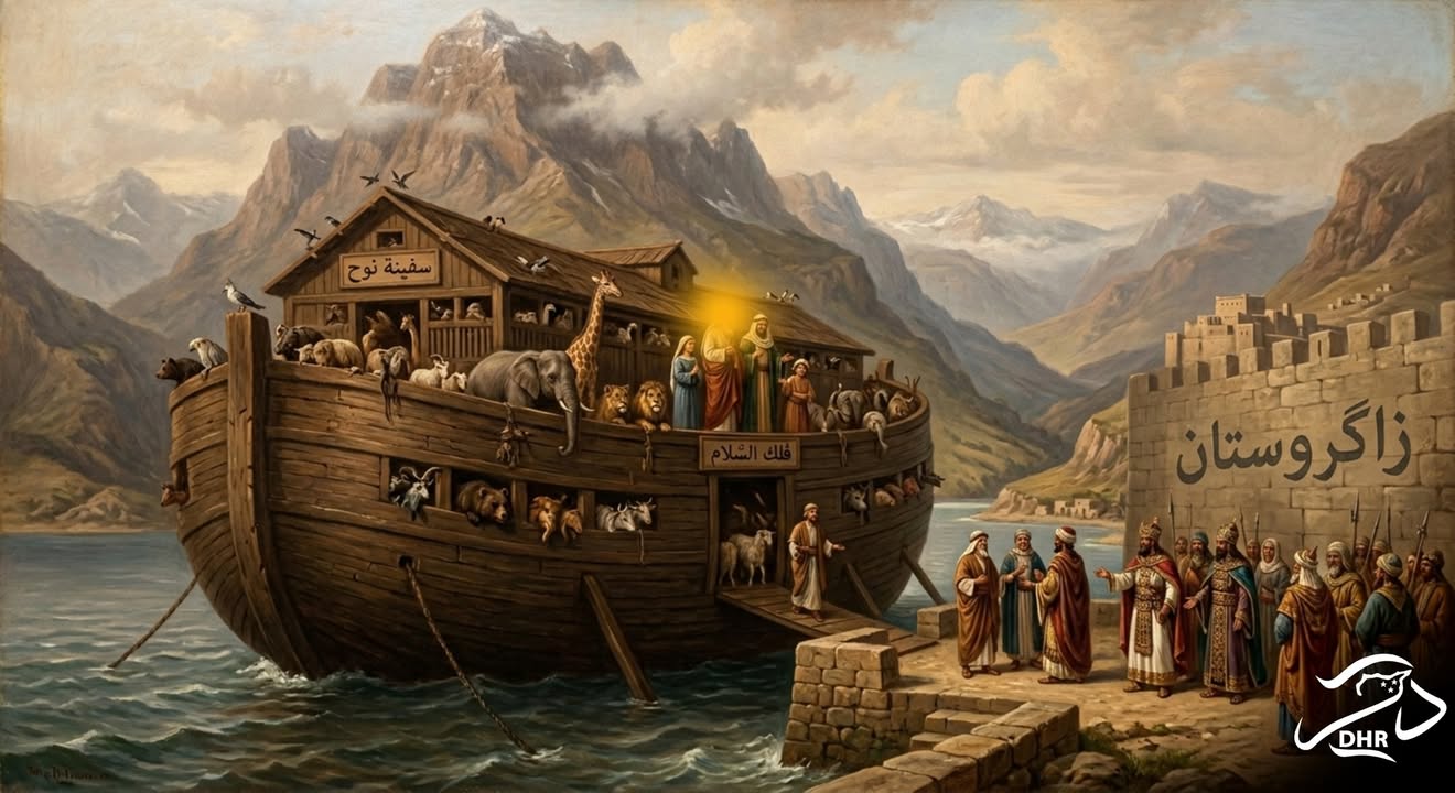 اللوحة المرفقة تمثل رواية الضيوف الزاگروسيين حول رسو سفينة نوح عليه السلام على جبل الجودي الذي حسب م...